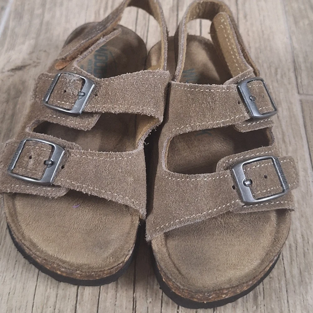 Woodstock Leather Kids Tan Sandals with Buckle Straps & Hook& Loop Sz. 8